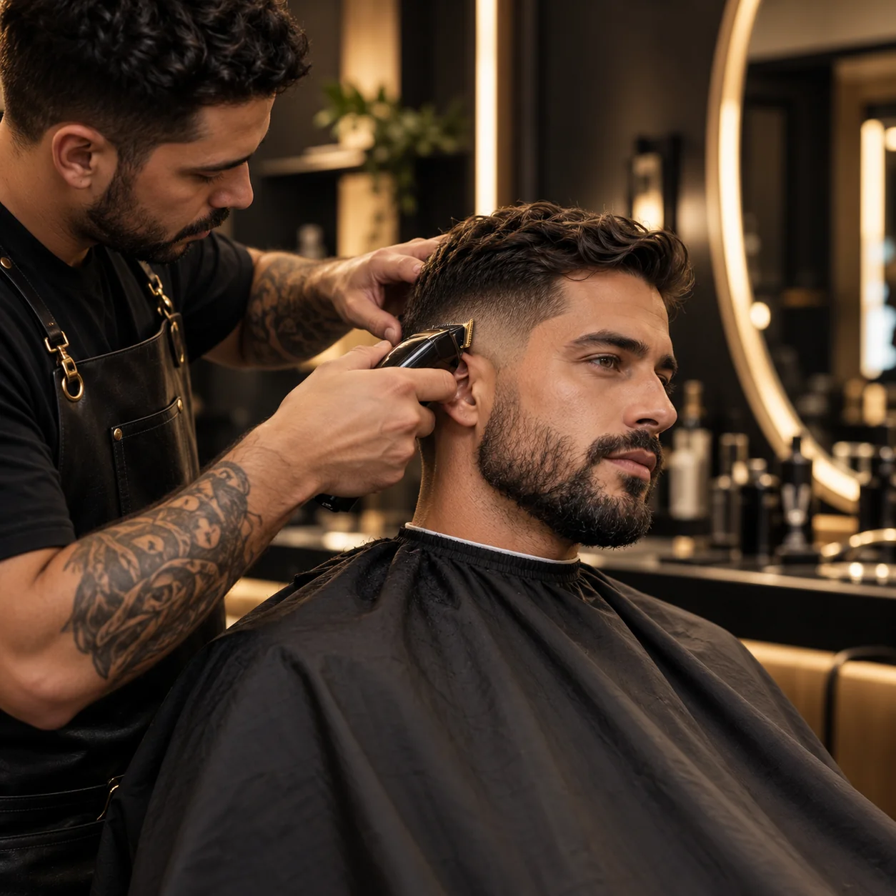 Profissional realizando um corte em uma barbearia